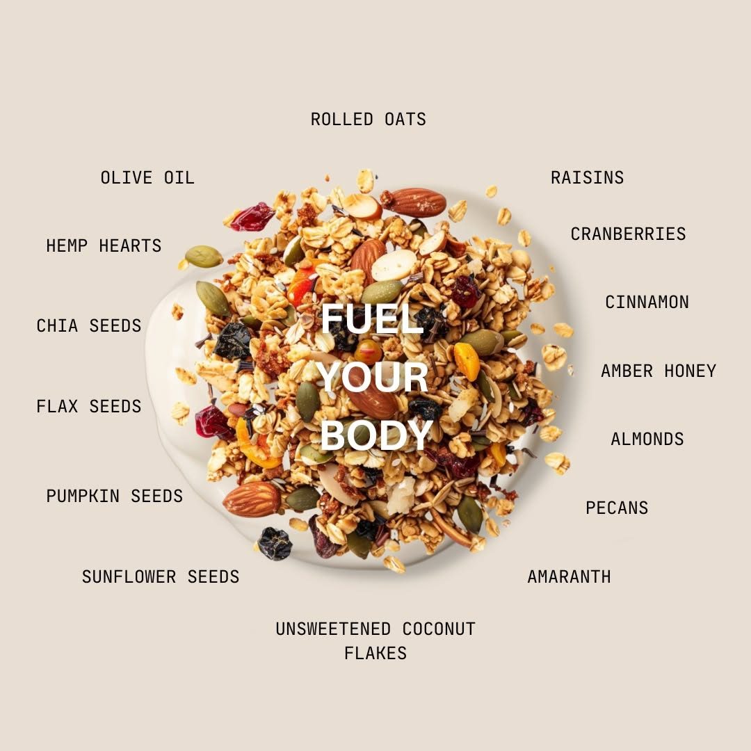 Knola granola surrounded by its ingredients: oats, seeds, nuts, dried fruit, honey and cinnamon